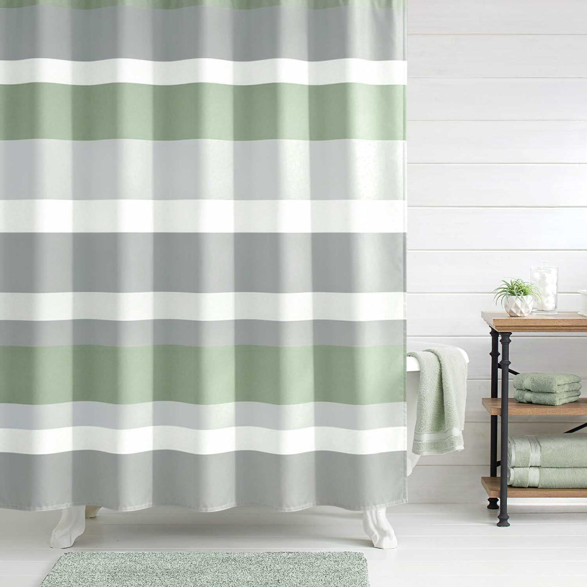 Sunlit Sage Green Gray Horizontal Stripes Water-Repellent Fabric Shower Curtain with Reinforced Metal Grommets Refreshing Striped Design Bathroom Decor, 72x72