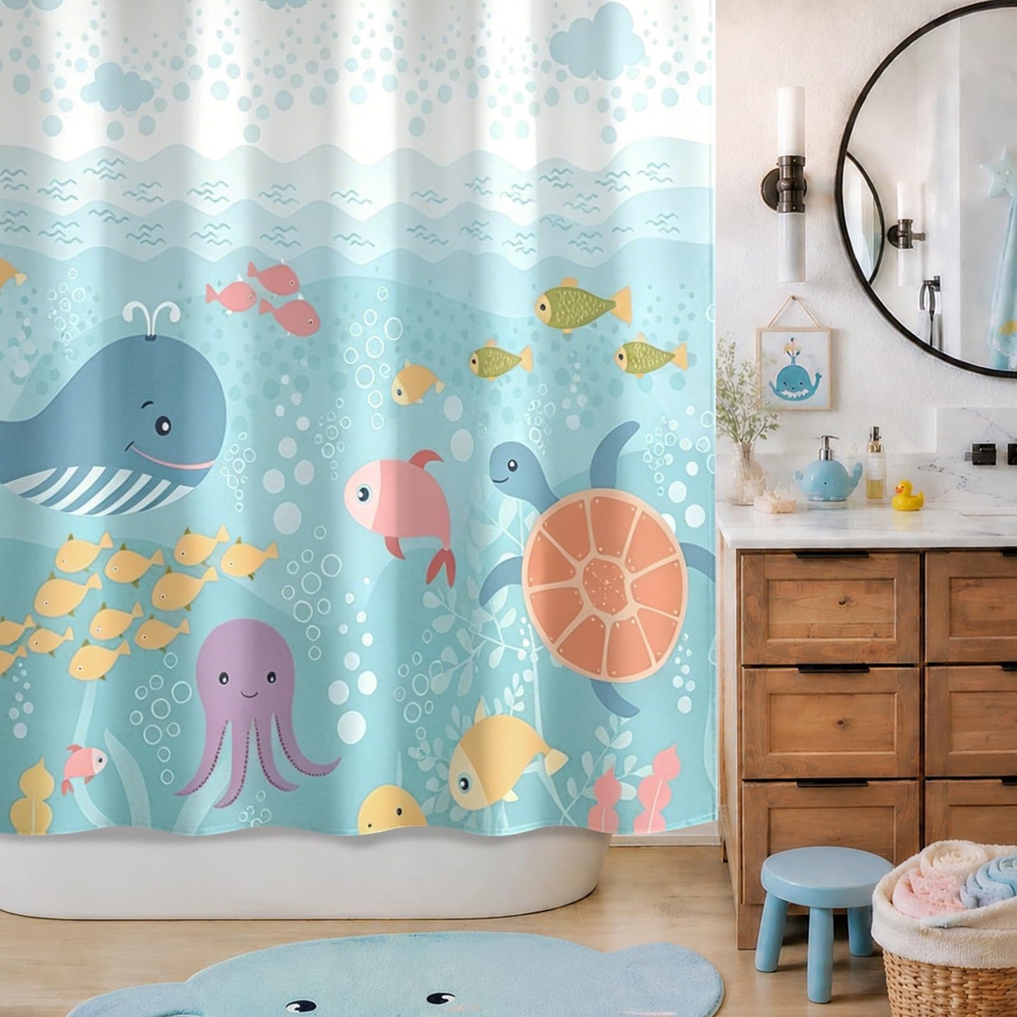Sunlit Lovely Cartoon Sea Creatures Fabric Shower Curtain for Kids, Whale Turtle and Fish Bathroom Decor Curtain for Girls and Boys