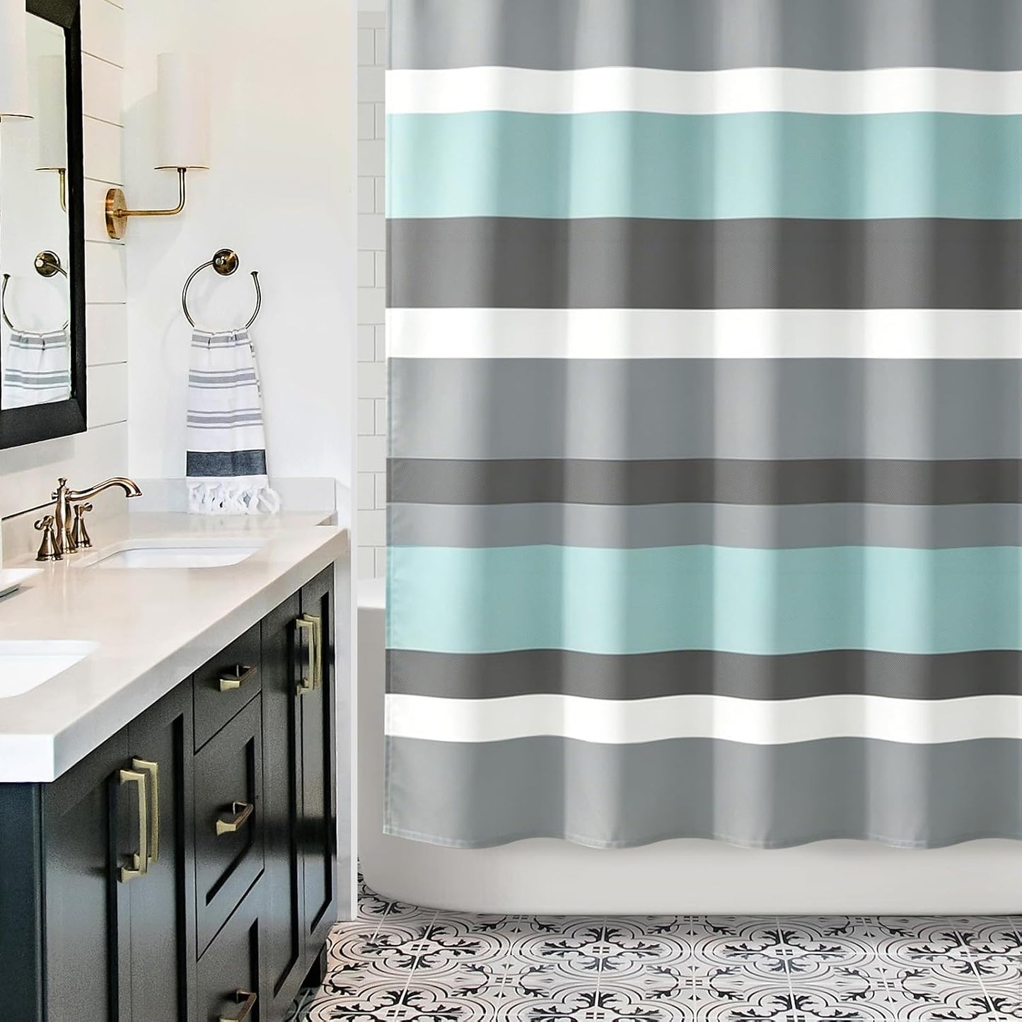 Sunlit Aqua Blue Gray Horizontal Stripes Water-Repellent Fabric Shower Curtain with Reinforced Metal Grommets Refreshing Striped Design Bathroom Decor