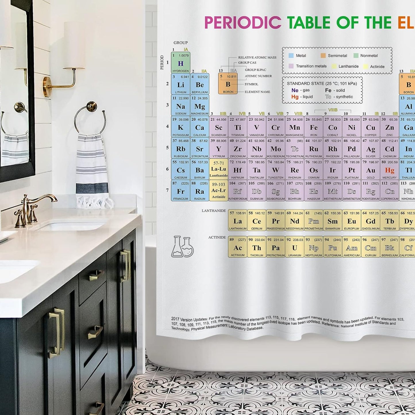 Updated Periodic Table of Elements Fabric Shower Curtains for Chemistry Students and Teacher Use as Poster, Educational Shower Curtain