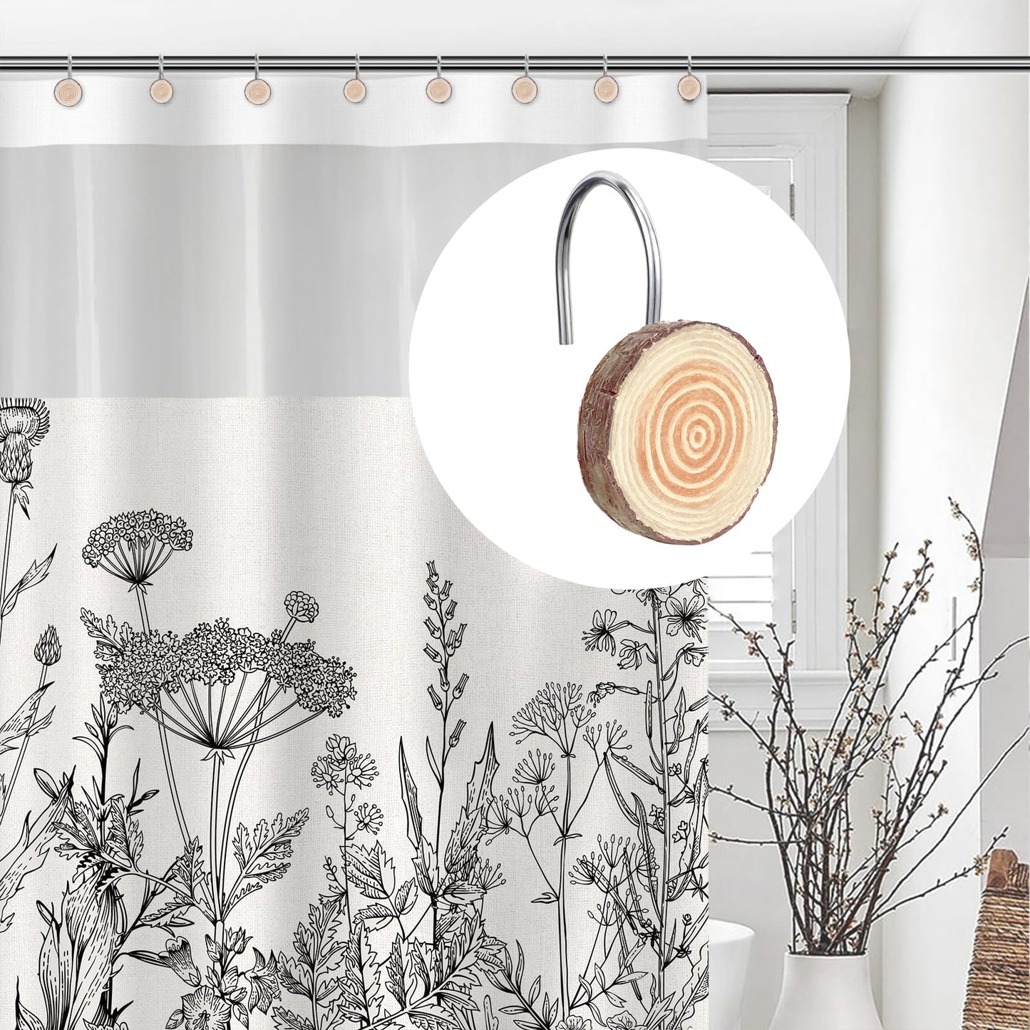 Sunlit Farmhouse Wooden Slices Shower Curtain Hooks, Rustic Home Decorative Shower Curtain Rings with Black Hooks for Bathroom, Resin Shower Curtain Hangers Bathroom Accessories, Set of 12