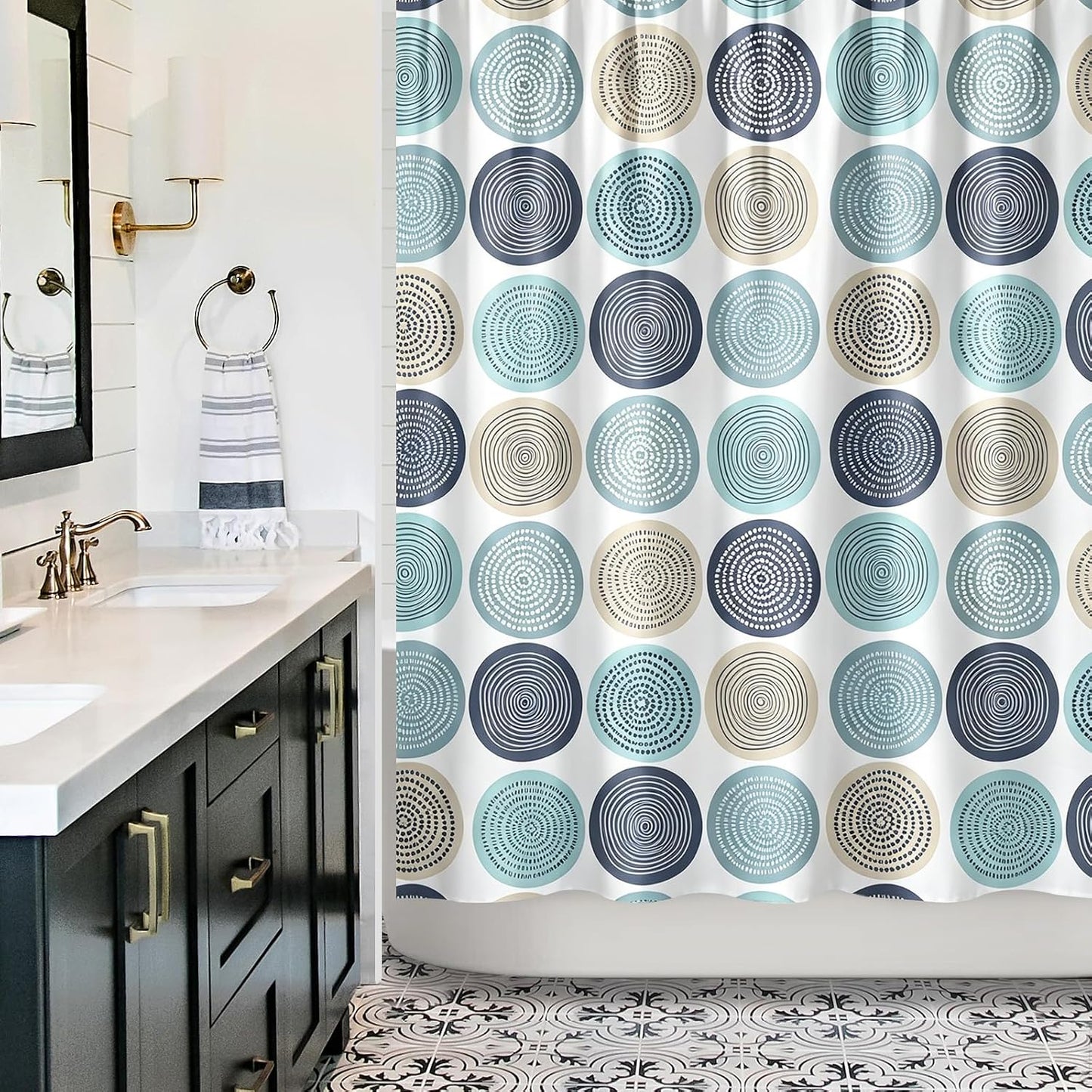 Sunlit Abstract Tree Rings Woody Artistic Fabric Shower Curtain. Nature Pale Blue Teal Beige Light Brown