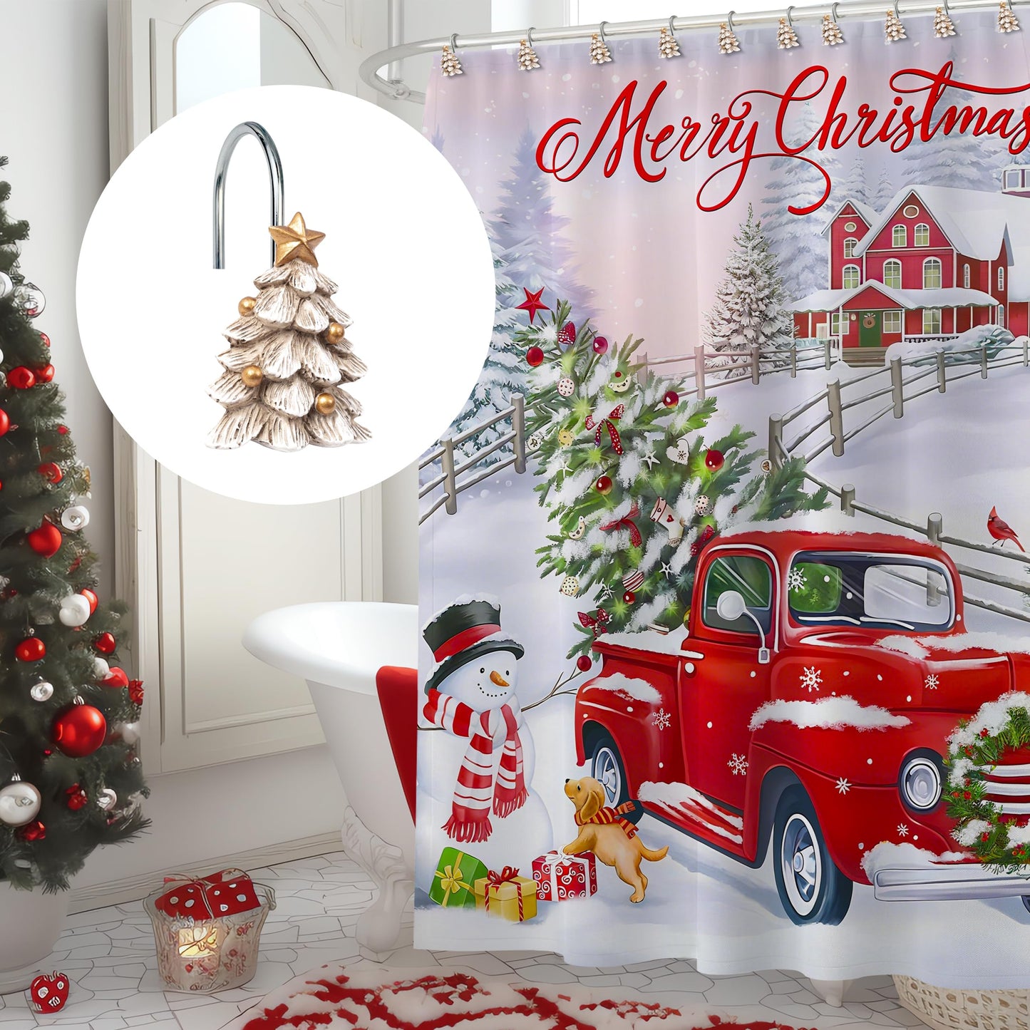 Sunlit Christmas Tree Decorative Shower Curtain Hooks with Star, Green Shower Curtain Rings, Resin, Xmas Theme Winter Holiday Bathroom Decoration, Set of 12