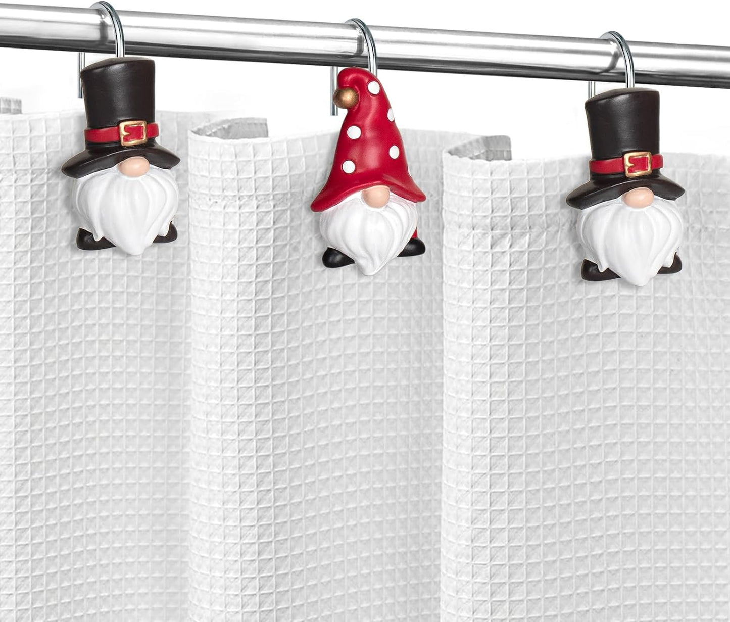 Sunlit Christmas Shower Curtain Hooks, Gnome Shower Curtain Rings, Hand Painted Resin Christmas Decor, Winter Bathroom Decoration, Black Top Hat, Set of 12