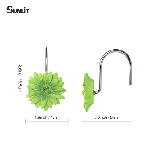 Sunlit Green Daisy Shower Curtain Hooks, Home Decorative Shower Curtain Rings for Bathroom, Resin, Summer Floral Shower Curtain Hanger Hooks for Living Room, Set of 12
