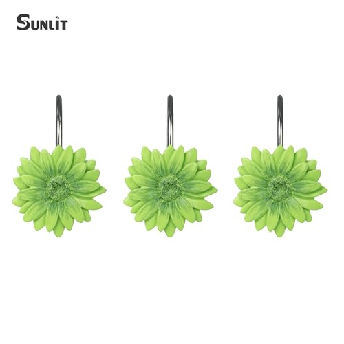 Sunlit Green Daisy Shower Curtain Hooks, Home Decorative Shower Curtain Rings for Bathroom, Resin, Summer Floral Shower Curtain Hanger Hooks for Living Room, Set of 12