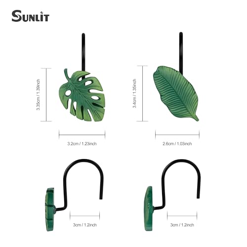Tropical Leaf Decorative Shower Curtain Hooks, Green Botanical Shower Curtain Rings with Black Hooks, Resin, Monstera Deliciosa Leaves Shower Curtain Hangers for Bathroom, Set of 12
