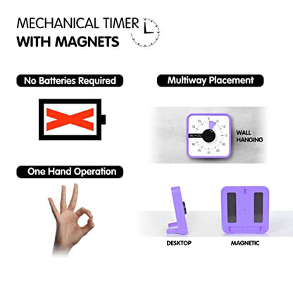 Visual Timer 7.5 inch, 60-Minute Countdown Timer for Kids Classroom Teaching Tool Office Meeting, Mechanical Countdown Clock for Exam Time Management Magnetic Kitchen Timer, Purple