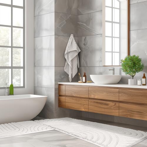 Sunlit 20"x30" Boho Decorative Textured Bathroom Rug Mat, Mid Century Modern Non-Slip Absorbent Soft Bath Mat, Organic Modern Floor Mat Dry Fast Machine Washable, Gray