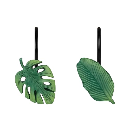 Tropical Leaf Decorative Shower Curtain Hooks, Green Botanical Shower Curtain Rings with Black Hooks, Resin, Monstera Deliciosa Leaves Shower Curtain Hangers for Bathroom, Set of 12