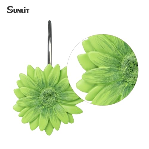 Sunlit Green Daisy Shower Curtain Hooks, Home Decorative Shower Curtain Rings for Bathroom, Resin, Summer Floral Shower Curtain Hanger Hooks for Living Room, Set of 12