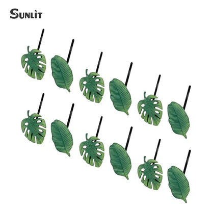 Tropical Leaf Decorative Shower Curtain Hooks, Green Botanical Shower Curtain Rings with Black Hooks, Resin, Monstera Deliciosa Leaves Shower Curtain Hangers for Bathroom, Set of 12