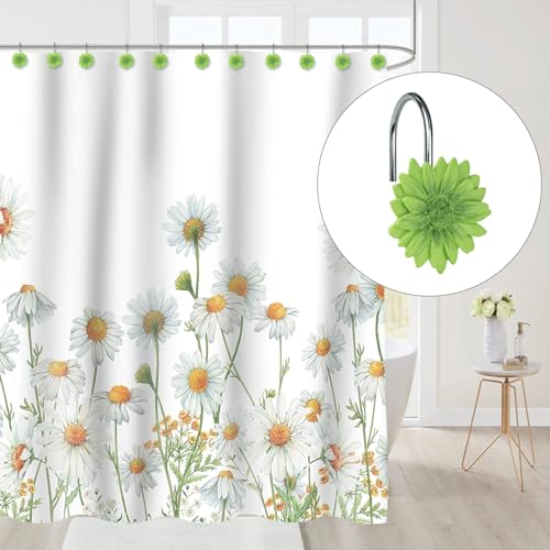 Sunlit Green Daisy Shower Curtain Hooks, Home Decorative Shower Curtain Rings for Bathroom, Resin, Summer Floral Shower Curtain Hanger Hooks for Living Room, Set of 12