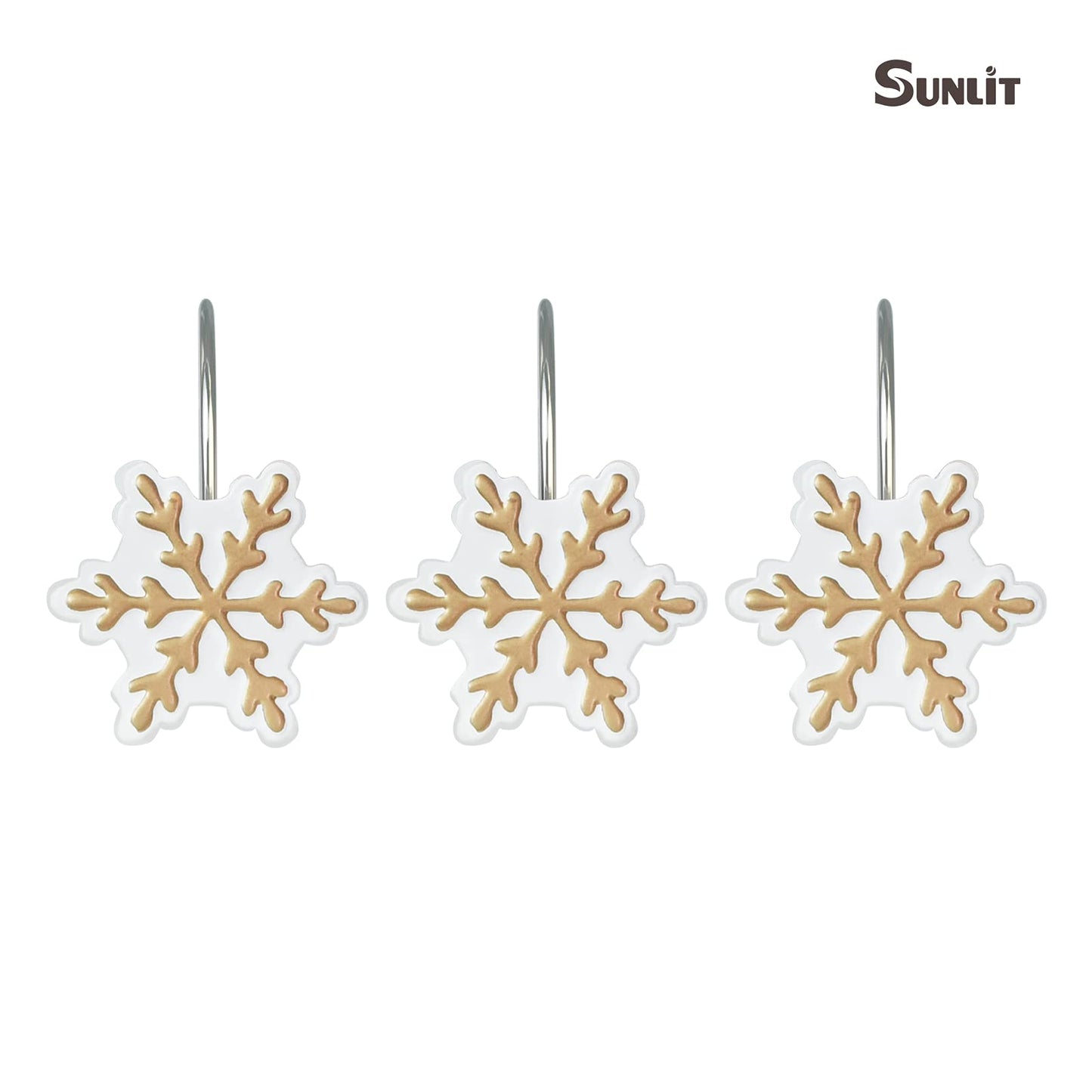 Sunlit Christmas Shower Curtain Hooks Silver Snowflakes Shower Curtain Rings, Resin, White Christmas Decor, Winter Bathroom Decoration - 12 Pack