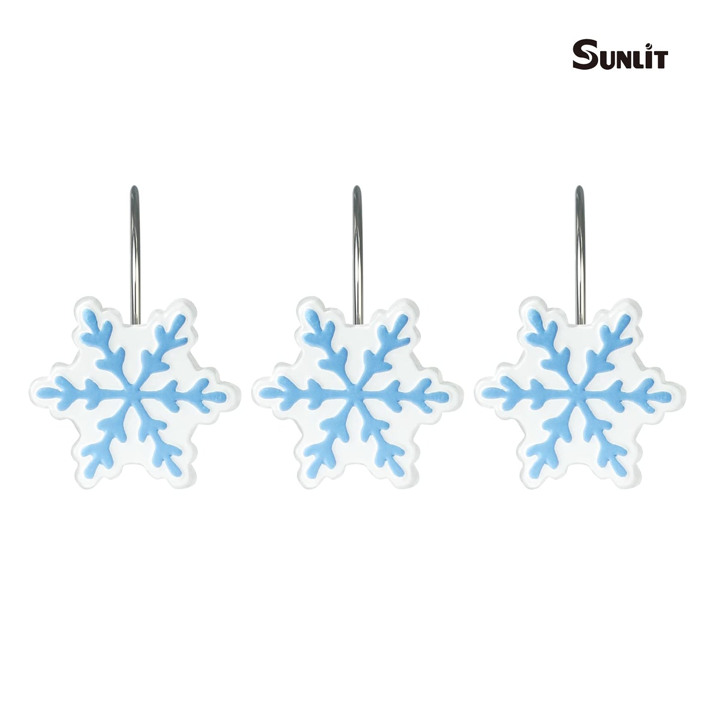 Sunlit Christmas Shower Curtain Hooks Silver Snowflakes Shower Curtain Rings, Resin, White Christmas Decor, Winter Bathroom Decoration - 12 Pack