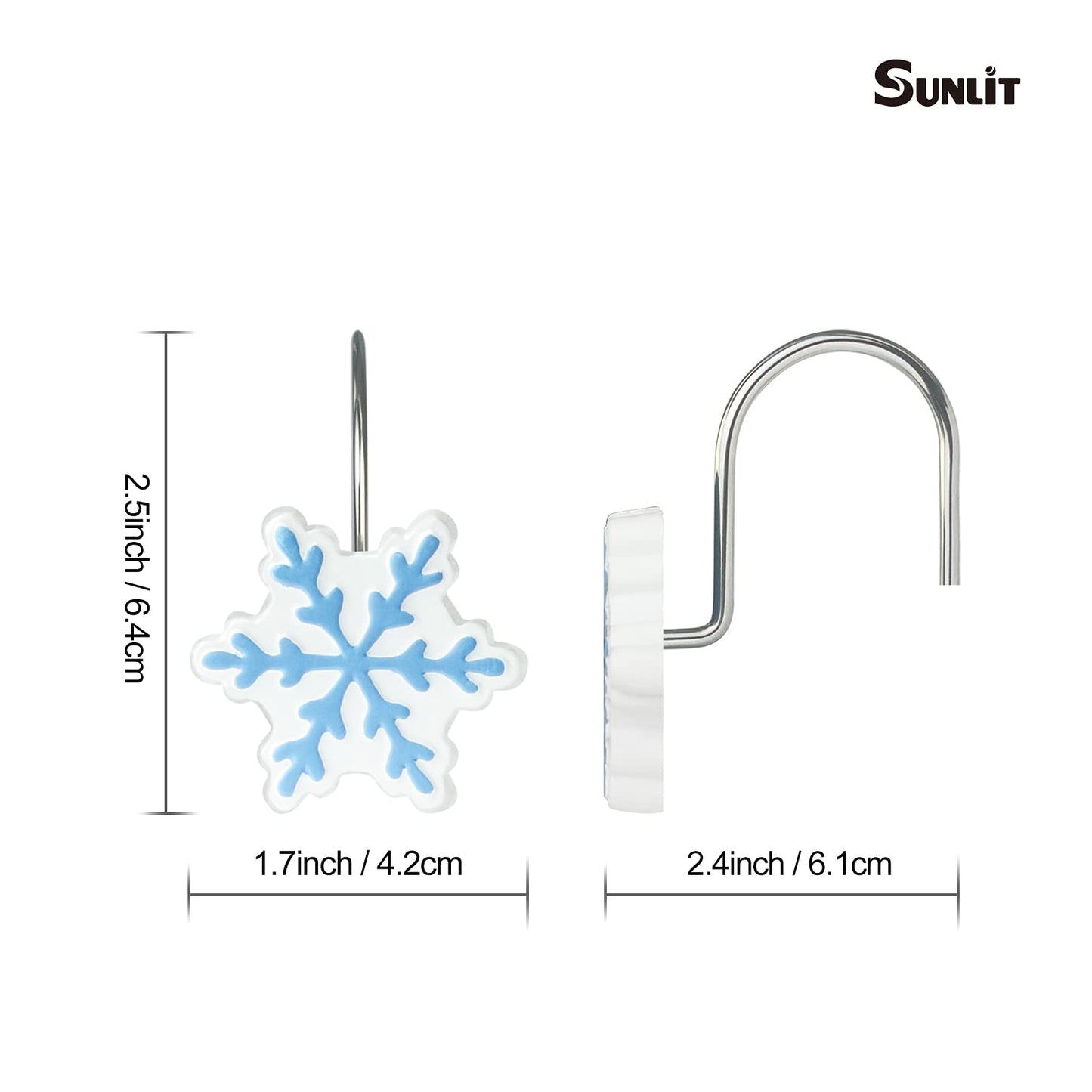 Sunlit Christmas Shower Curtain Hooks Silver Snowflakes Shower Curtain Rings, Resin, White Christmas Decor, Winter Bathroom Decoration - 12 Pack