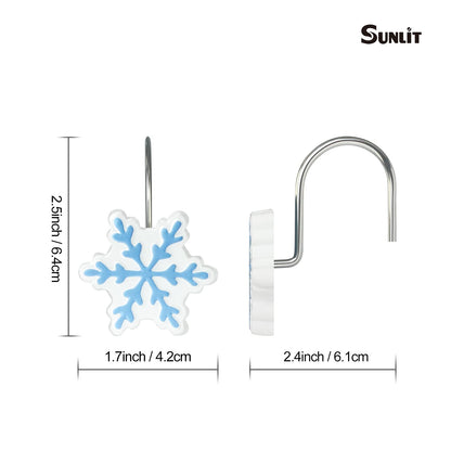 Sunlit Christmas Shower Curtain Hooks Silver Snowflakes Shower Curtain Rings, Resin, White Christmas Decor, Winter Bathroom Decoration - 12 Pack