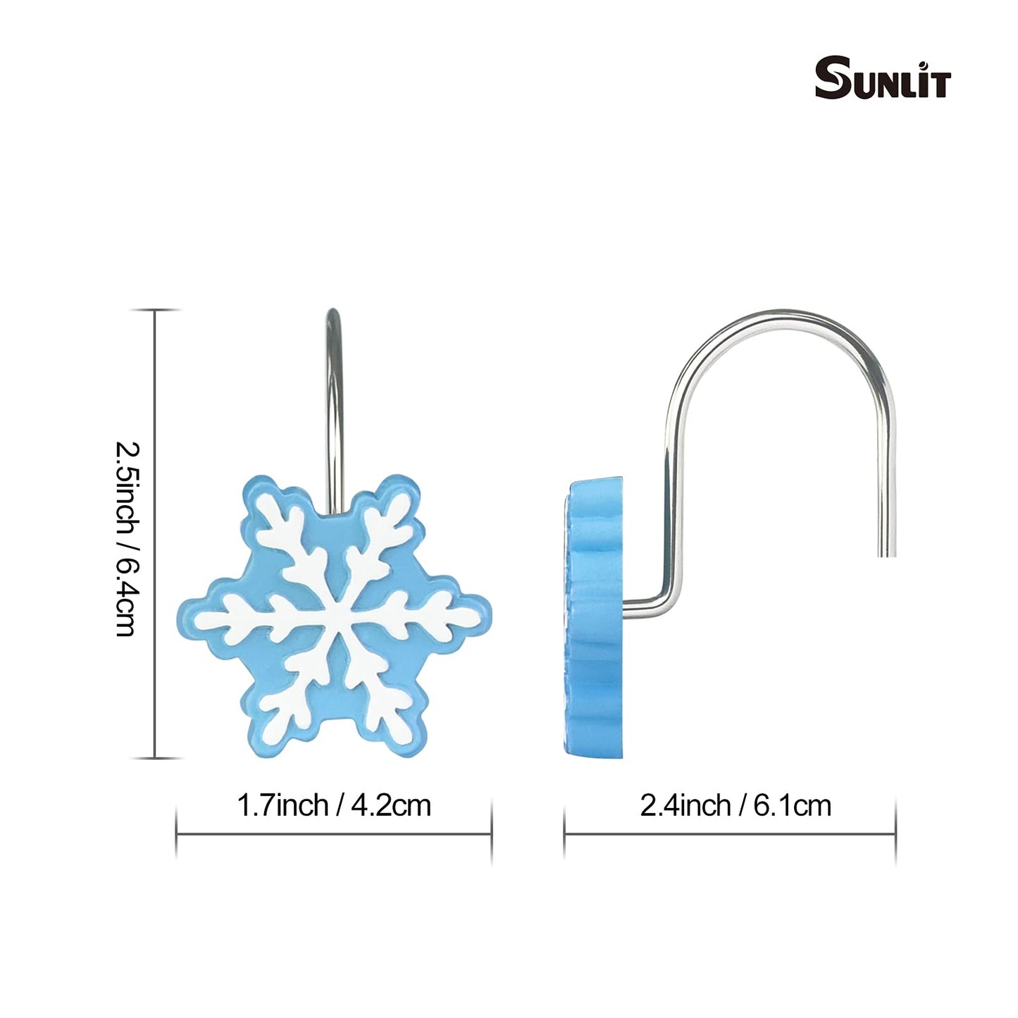 Sunlit Christmas Shower Curtain Hooks Silver Snowflakes Shower Curtain Rings, Resin, White Christmas Decor, Winter Bathroom Decoration - 12 Pack