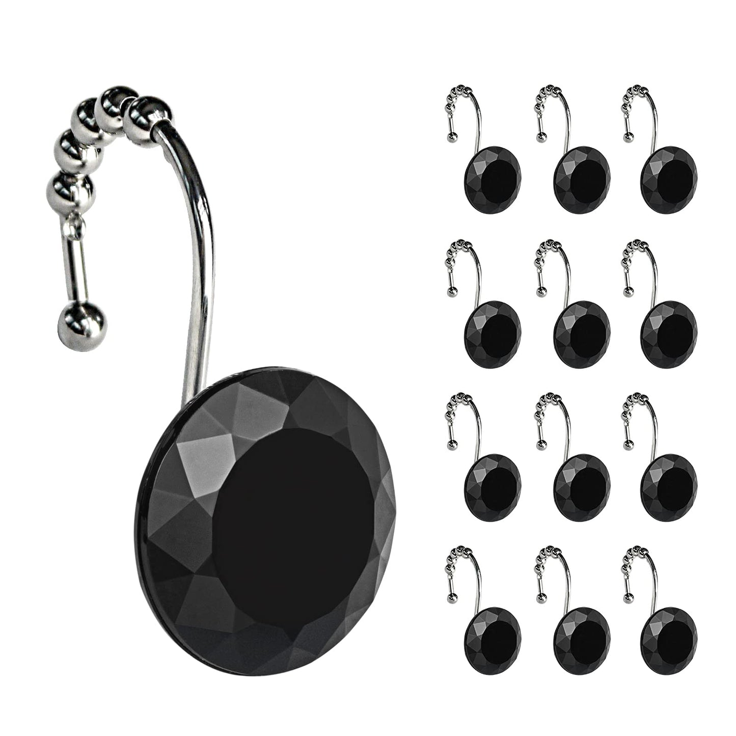 Sunlit Luxury Design Round Yellow Diamond Crystal Gem Bling with Glide Balls Shower Curtain Hooks, Rust Proof Metal Rhinestones Glam Shower Curtain Rings-12 Pack