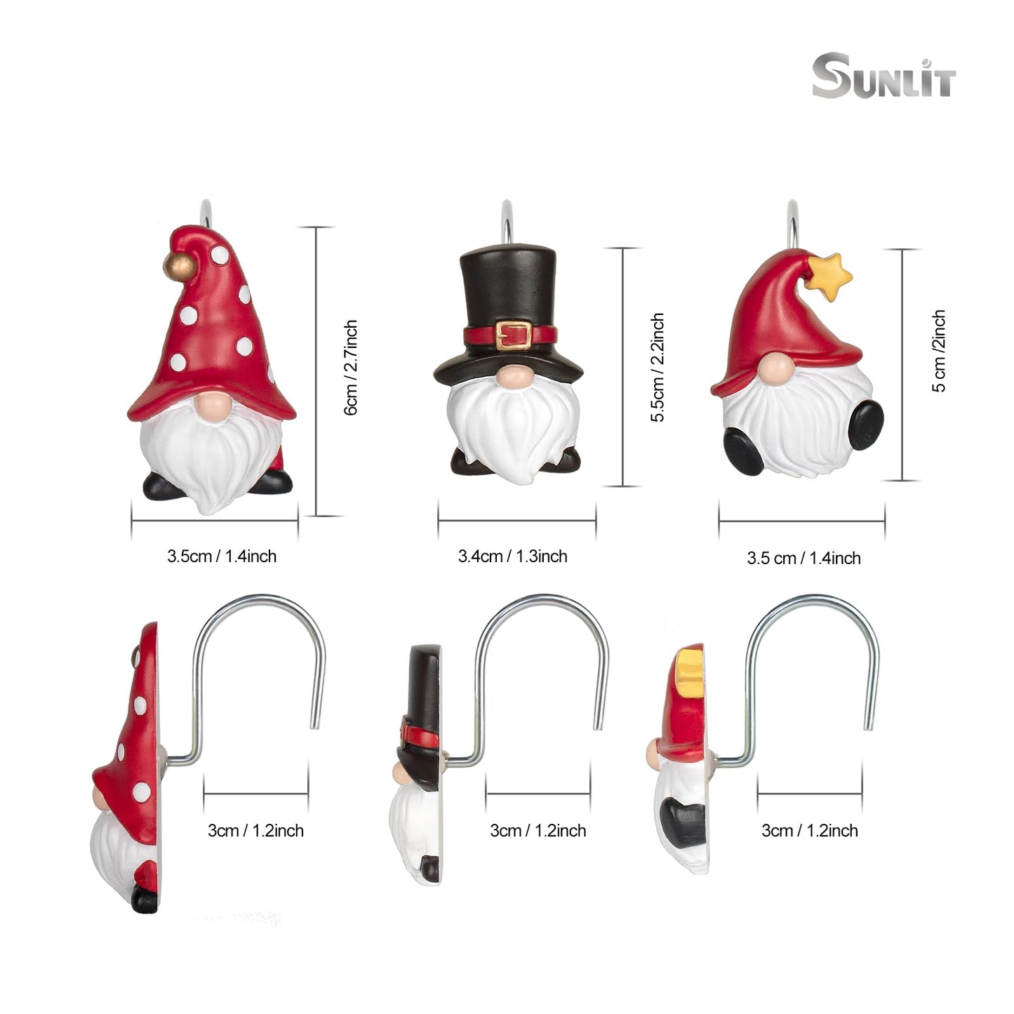 Sunlit Christmas Shower Curtain Hooks, Gnome Shower Curtain Rings, Hand Painted Resin Christmas Decor, Winter Bathroom Decoration, Red Hat with White Polka Dot, Set of 12