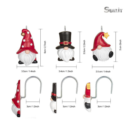 Sunlit Christmas Shower Curtain Hooks, Gnome Shower Curtain Rings, Hand Painted Resin Christmas Decor, Winter Bathroom Decoration, Red Hat with White Polka Dot, Set of 12