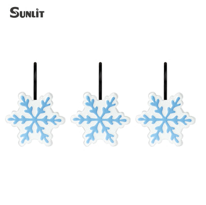 Sunlit Christmas Shower Curtain Hooks Silver Snowflakes Shower Curtain Rings, Resin, White Christmas Decor, Winter Bathroom Decoration - 12 Pack
