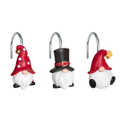 Sunlit Christmas Shower Curtain Hooks, Gnome Shower Curtain Rings, Hand Painted Resin Christmas Decor, Winter Bathroom Decoration, Red Hat with White Polka Dot, Set of 12