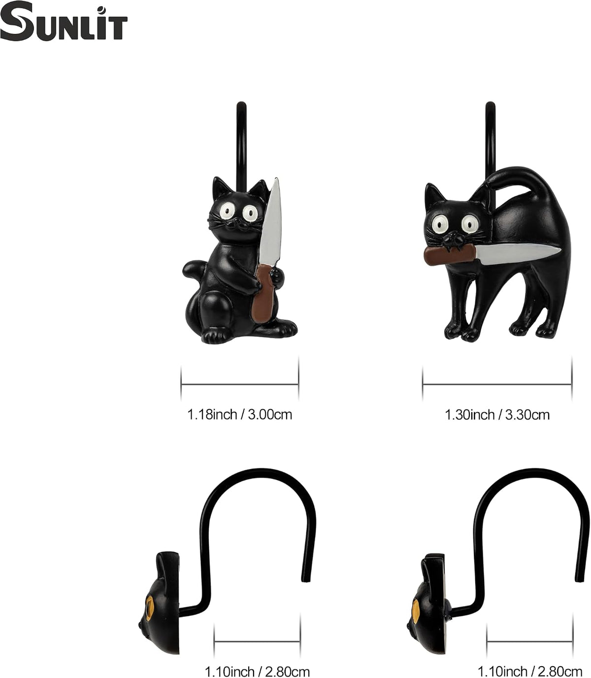 Sunlit Halloween Creepy Black Cat Shower Curtain Hooks, Home Decorative Shower Curtain Rings for Bathroom, Spooky Shower Curtain Hangers Bathroom Accessories, Set of 12
