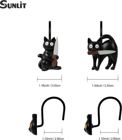 Sunlit Halloween Creepy Black Cat Shower Curtain Hooks, Home Decorative Shower Curtain Rings for Bathroom, Spooky Shower Curtain Hangers Bathroom Accessories, Set of 12