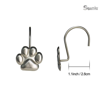 Sunlit Fashion Design Cute Paw Print Polished Double Shower Curtain Hooks for Dog Cat and Bear, Rust Proof Oil Rubbed Metal Shower Curtain Rings-12 Pack