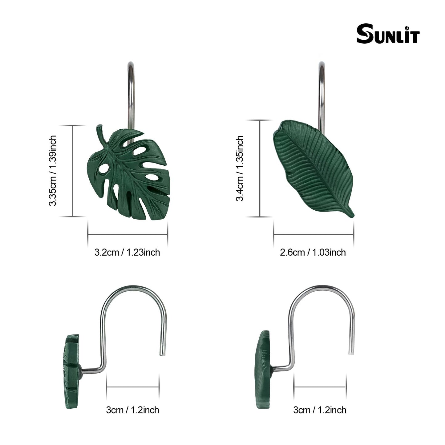 Tropical Leaf Decorative Shower Curtain Hooks, Green Botanical Shower Curtain Rings with Black Hooks, Resin, Monstera Deliciosa Leaves Shower Curtain Hangers for Bathroom, Set of 12