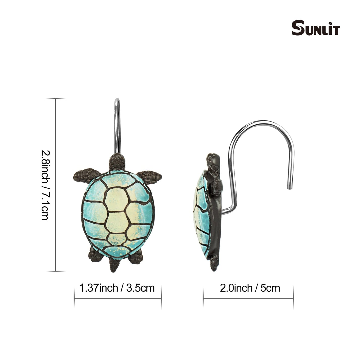 Sunlit Sea Turtle Shower Curtain Hooks, Home Decorative Shower Curtain Rings for Bathroom, Resin, Ocean Shower Curtain Hanger Hooks for Kid Room Living Room, Set of 12