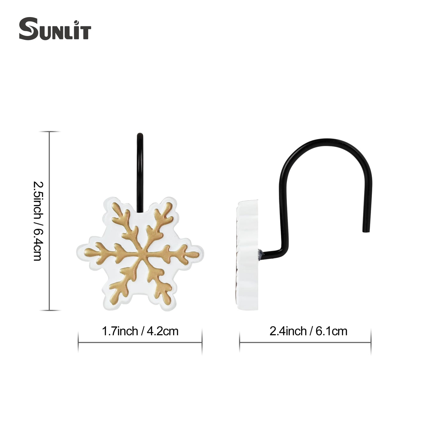 Sunlit Christmas Shower Curtain Hooks Silver Snowflakes Shower Curtain Rings, Resin, White Christmas Decor, Winter Bathroom Decoration - 12 Pack