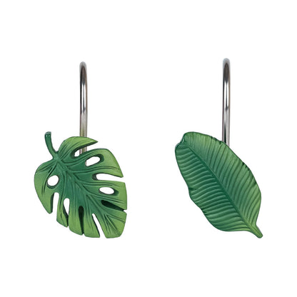 Tropical Leaf Decorative Shower Curtain Hooks Green Botanical Shower Curtain Rings, Resin, Monstera Deliciosa Leaves Shower Curtain Hangers for Bathroom, Set of 12