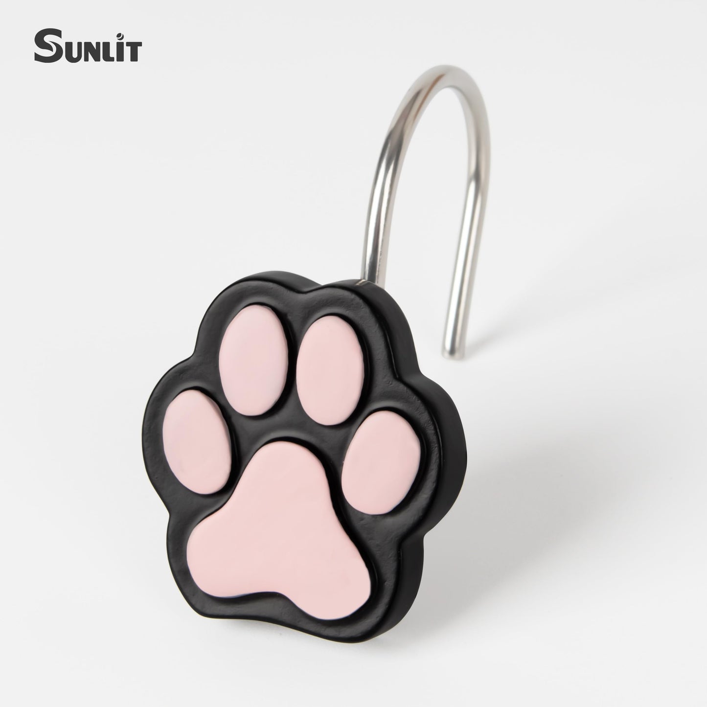 Sunlit Cute Paw Print Decorative Shower Curtain Hooks for Dog Cat Bear, Resin, Lovely Shower Curtain Rings with Black Hooks for Kids, Bathroom Decoration Curtain Hangers, 12 Pack, Black and White