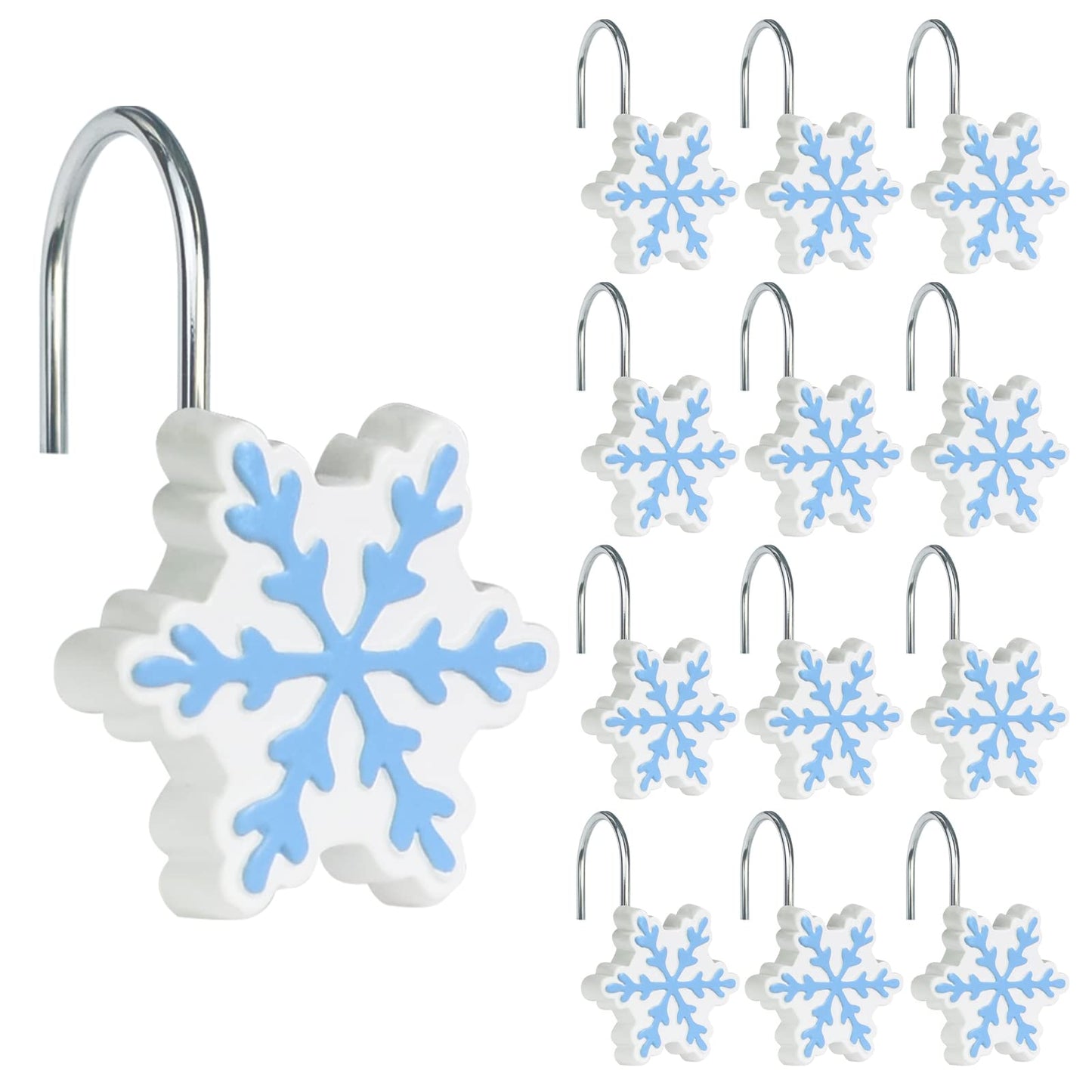 Sunlit Christmas Shower Curtain Hooks Silver Snowflakes Shower Curtain Rings, Resin, White Christmas Decor, Winter Bathroom Decoration - 12 Pack