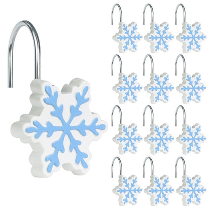 Sunlit Christmas Shower Curtain Hooks Silver Snowflakes Shower Curtain Rings, Resin, White Christmas Decor, Winter Bathroom Decoration - 12 Pack