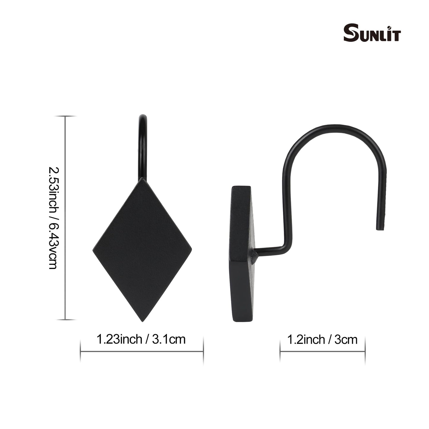 Sunlit Geometric Decorative Shower Curtain Hooks, Matt Triangle Geometric Black Shower Curtain Rings, Resin, Bathroom Decoration Boho Shower Curtain Hooks-12 Pack