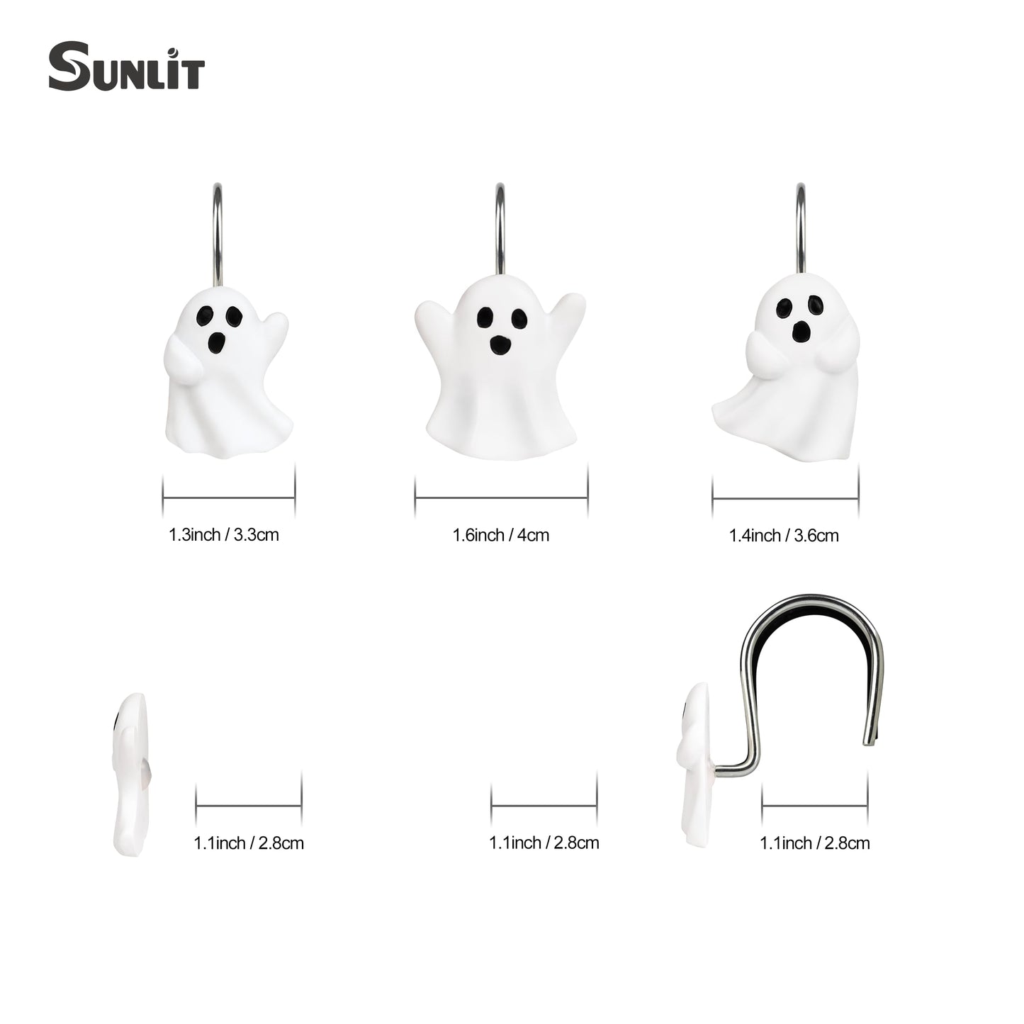 Sunlit Ghost Shower Curtain Hooks, Home Decorative Shower Curtain Rings for Bathroom, Halloween Shower Curtain Hangers Bathroom Accessories, Set of 12