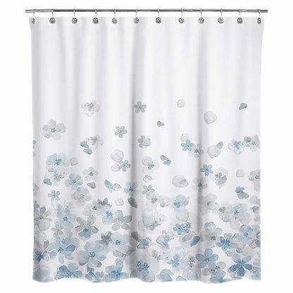 Sunlit Design Simple Style Blue and Gray Flower Blossoms Fabric Shower Curtains for Bathroom Decor with White Background, Machine Washable