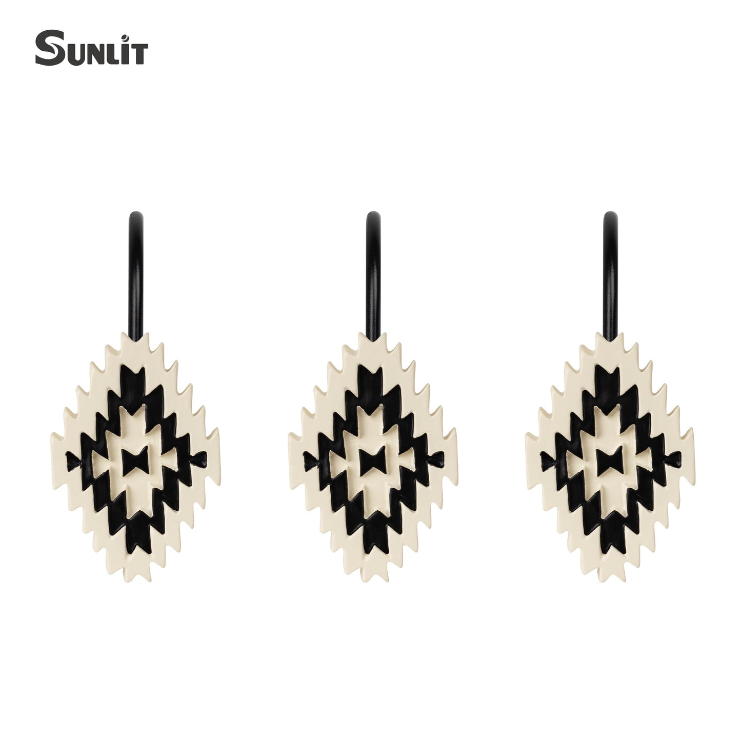 Sunlit Western Shower Curtain Hooks, Aztec Tribal Shower Curtain Hanger Hooks, Decorative Resin Rustic Geometric Curtain Rings for Bathroom, Set of 12, Black and Cream White