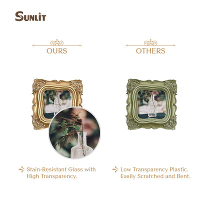 Sunlit Vintage Small Picture Frame 2.5x3.5 Inch, Antique Mini Polaroid Photo Frames with Glass Front, Luxury Wallet Size Picture Frames, Tiny Photo Frames Display Tabletop Wall Hanging Gift Ideas, Gold