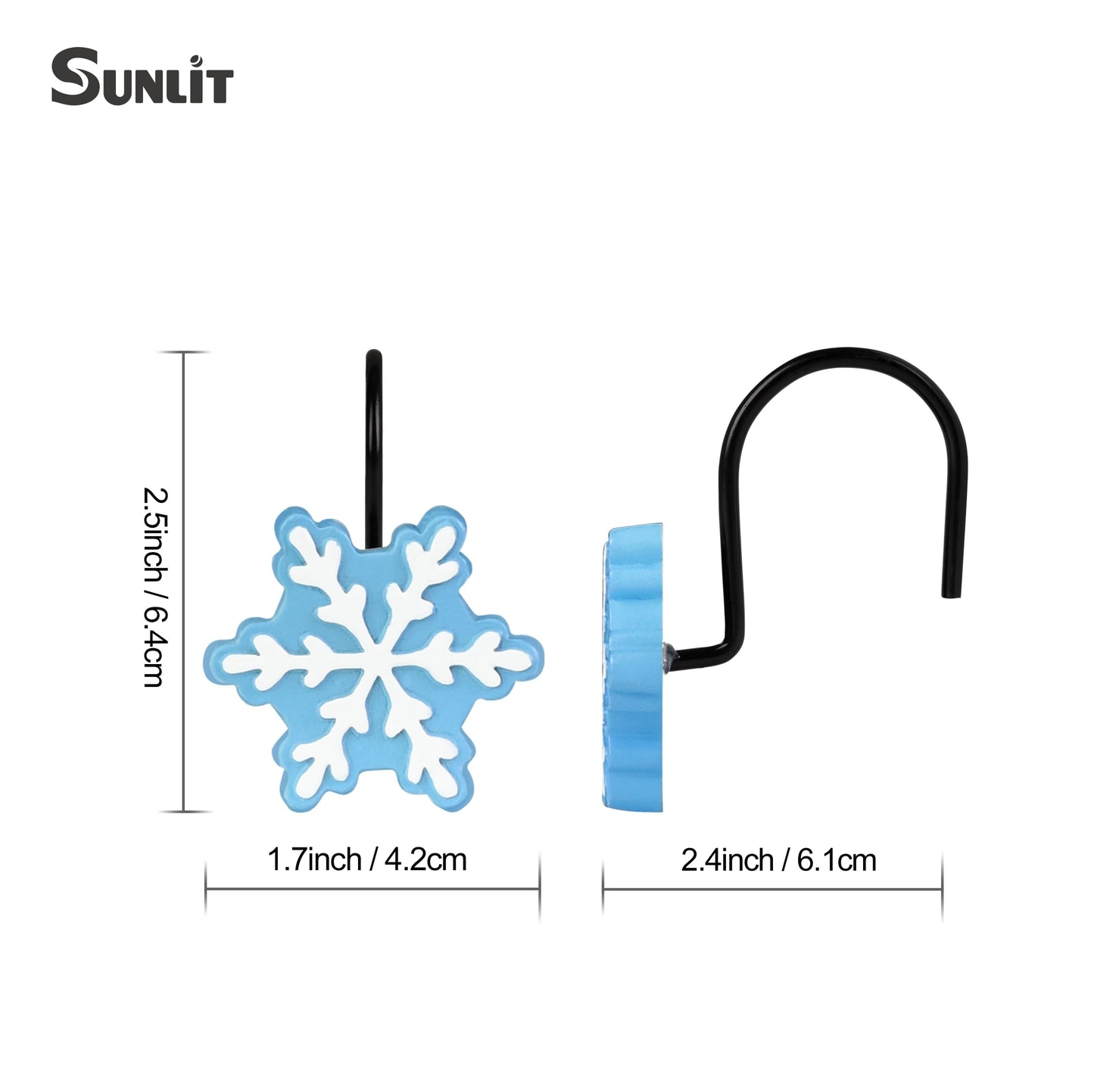 Sunlit Christmas Shower Curtain Hooks Silver Snowflakes Shower Curtain Rings, Resin, White Christmas Decor, Winter Bathroom Decoration - 12 Pack