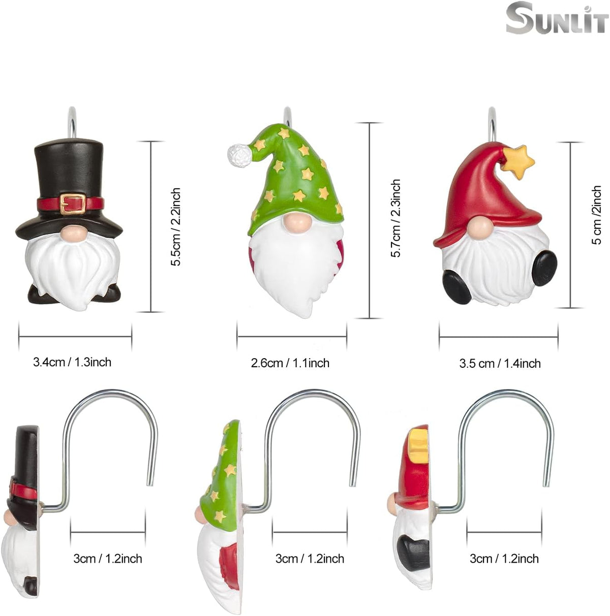 Sunlit Christmas Shower Curtain Hooks, Gnome Shower Curtain Rings, Hand Painted Resin Christmas Decor, Winter Bathroom Decoration, Black Green Red with Star, Set of 12