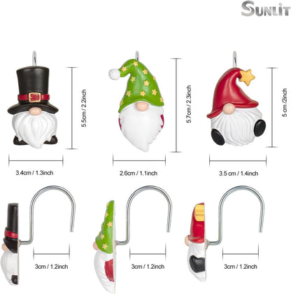 Sunlit Christmas Shower Curtain Hooks, Gnome Shower Curtain Rings, Hand Painted Resin Christmas Decor, Winter Bathroom Decoration, Black Green Red with Star, Set of 12