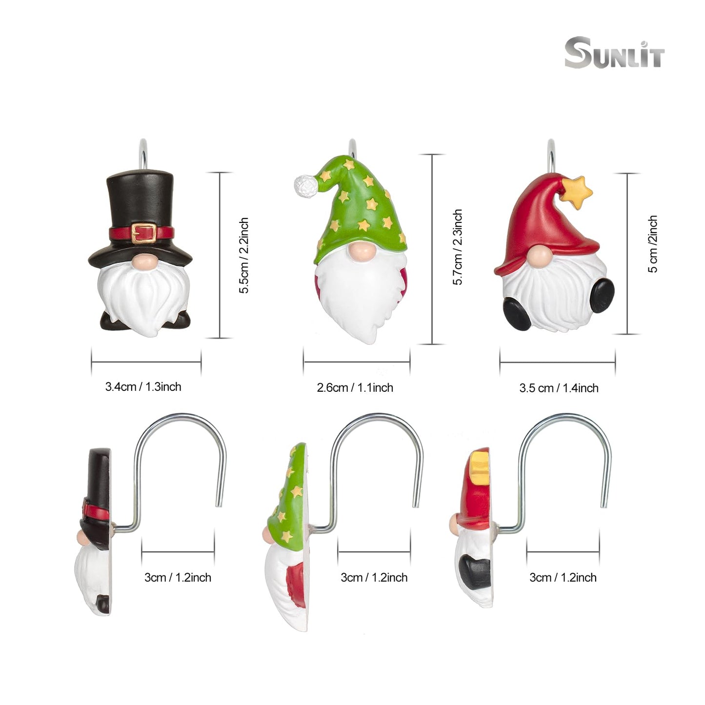 Sunlit Christmas Shower Curtain Hooks, Gnome Shower Curtain Rings, Hand Painted Resin Christmas Decor, Winter Bathroom Decoration, Red Hat with White Polka Dot, Set of 12