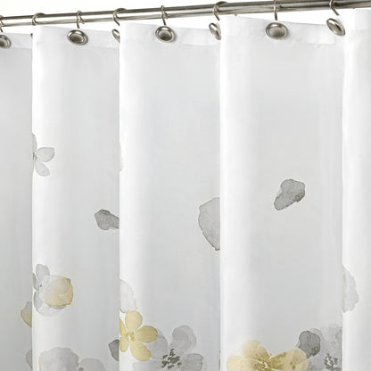 Sunlit Design Simple Style Blue and Gray Flower Blossoms Fabric Shower Curtains for Bathroom Decor with White Background, Machine Washable