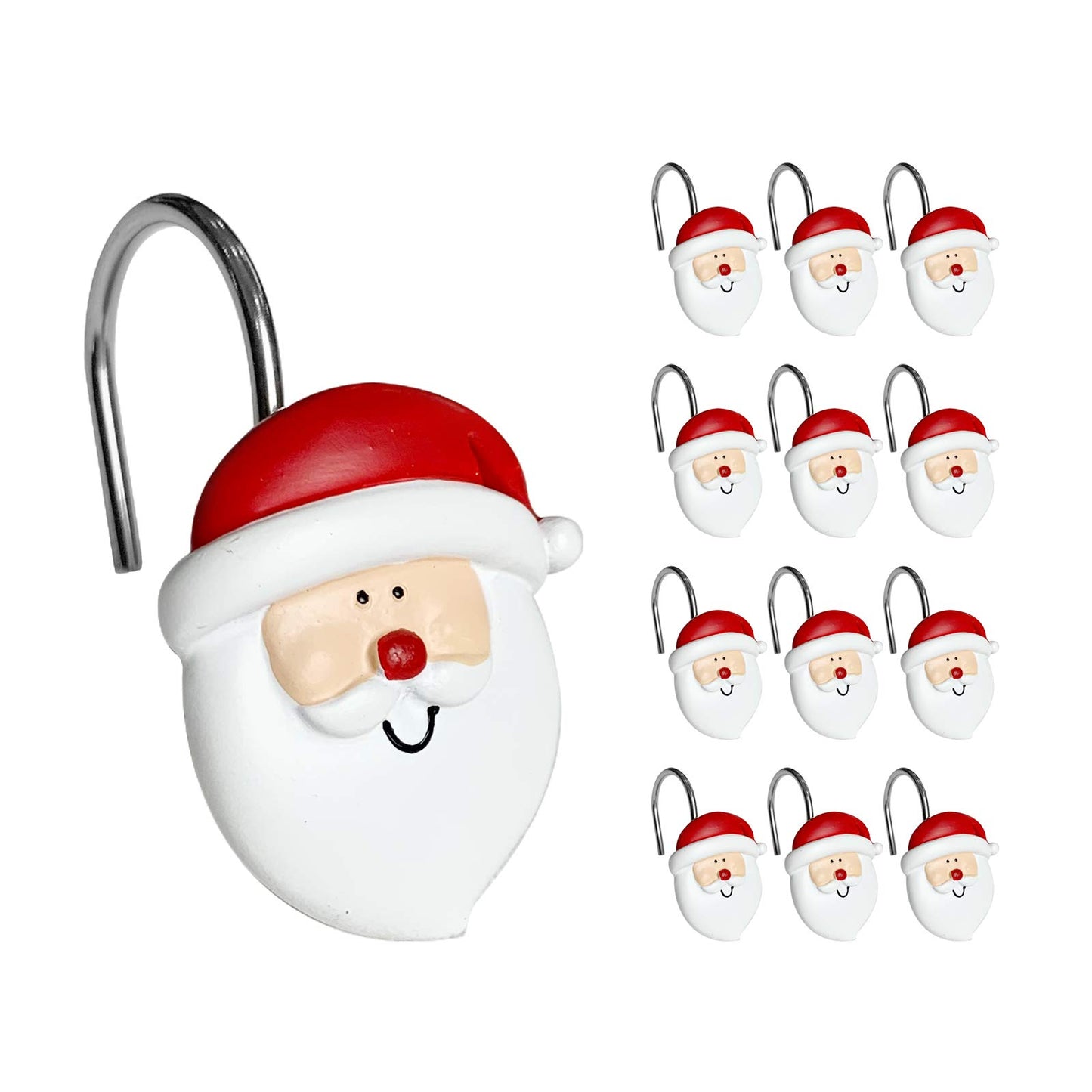 Sunlit Merry Christmas Shower Curtain Hooks Smiling Santa Claus Shower Curtain Rings, Resin, Christmas Decor, Winter Bathroom Decoration - 12 Pack