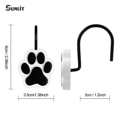 Sunlit Cute Paw Print Decorative Shower Curtain Hooks for Dog Cat Bear, Resin, Lovely Shower Curtain Rings for Kids, Bathroom Decoration Curtain, 12 Pack, Black and White