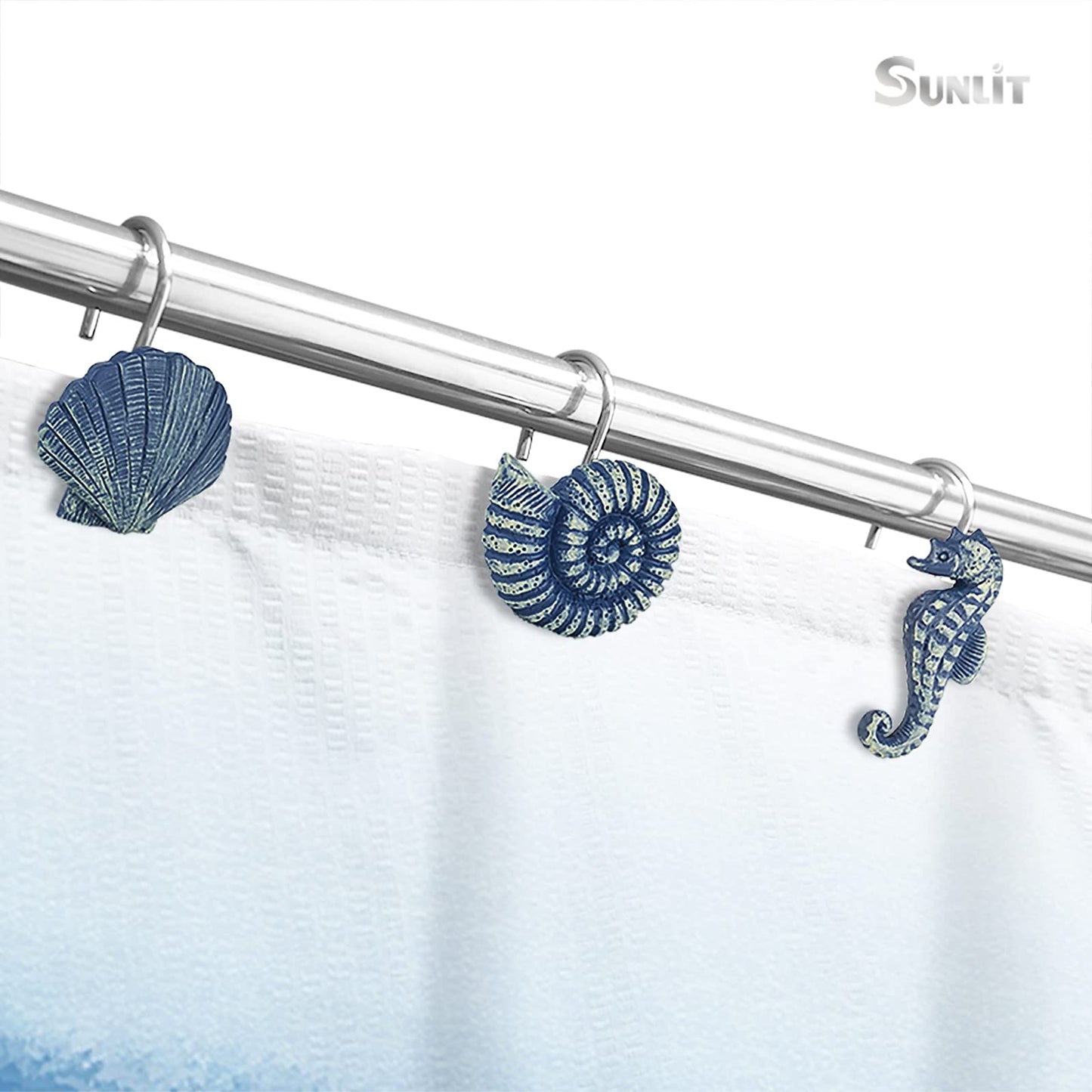 Sunlit Seashells Decorative Shower Curtain Hooks, Blue Ocean Creatures Coastal Shower Curtain Rings with Black Hooks, Resin, Nautical Bathroom Decoration Beach Shower Curtain Hooks, Set of 12